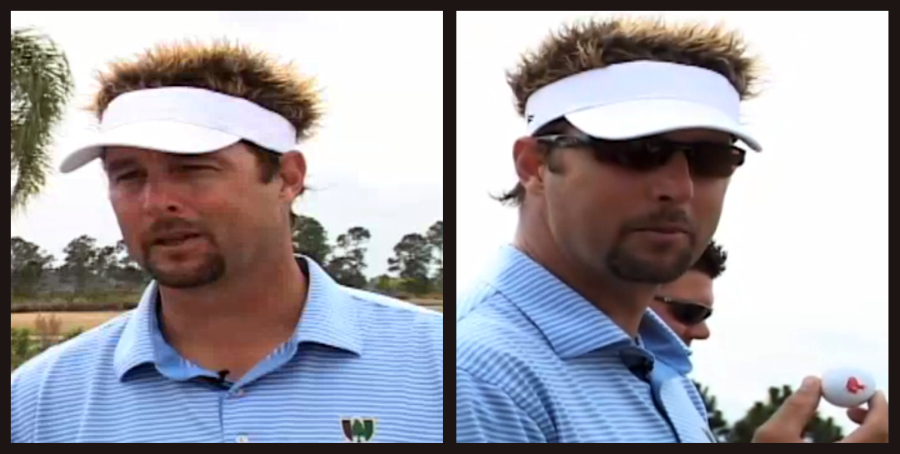 Screengrabs from the videos.  What he said while showing the camera the golf ball:  "Representing!"